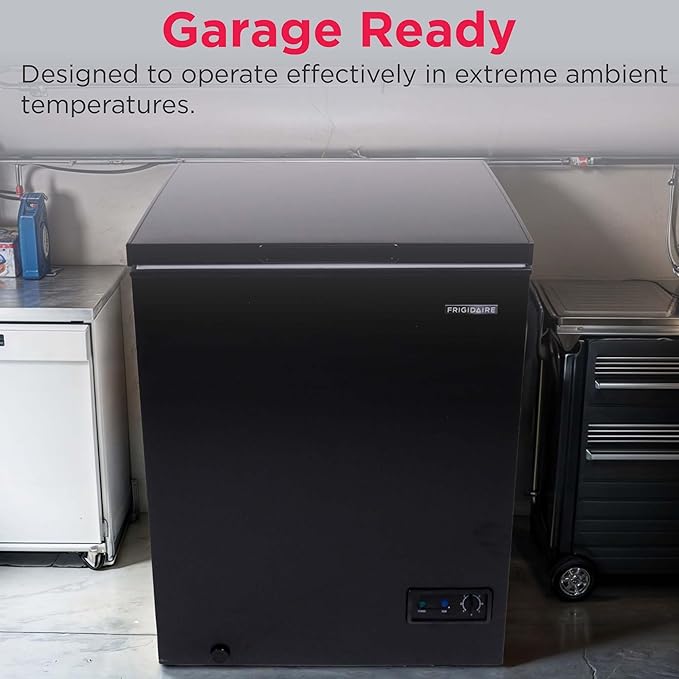 FRIGIDAIRE EFRF5003-BLACK Chest Deep Freezer-Garage-Ready, 5.0 Cu. Ft. Capacity, Black-Adjustable Thermostat-Removable Vinyl Coated Wire Basket-Easy Defrost Drain