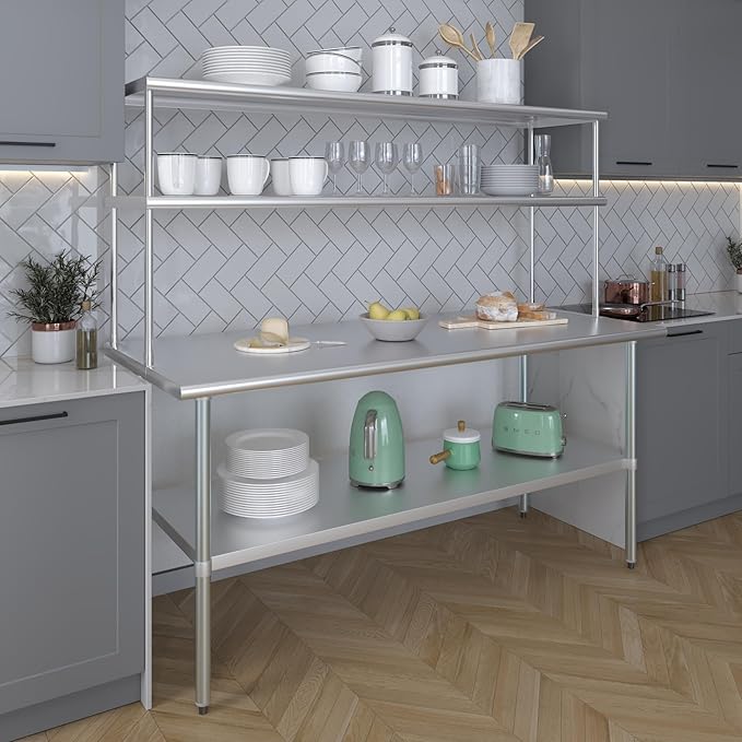 Amgood Stainless Steel Work Table Double Tier Overshelf | 30" x 72" Work Table + 18" Overshelf