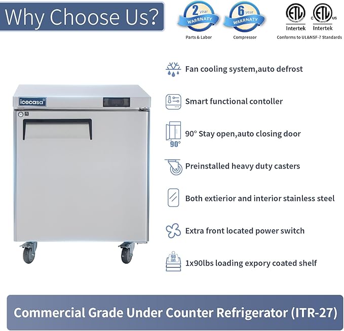 ICECASA 27" W Commercial Refrigerator Worktop Undercounter Refrigerator Single Door Stainless Steel Counter Fan Cooling Refrigerator 7 Cu.ft for Restaurant, Bar, Shop, etc