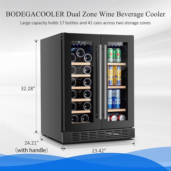 BODEGA Beverage Refrigerator Black, 24 Inch Dual Zone Wine and Beverage Cooler Under Counter, Drink Fridge for Beer, Soda, Wine, Champagne, Holds 41 Cans and 17 Bottles