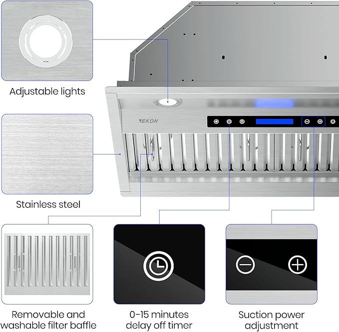 EKON NAB02-36" 900CFM Range Hood Insert, Ducted/Ductless Convertible Built-in Range Hood with Remote/4-Speed Touch Control LCD Display,Adjustable Leds for Over Kitchen Stove