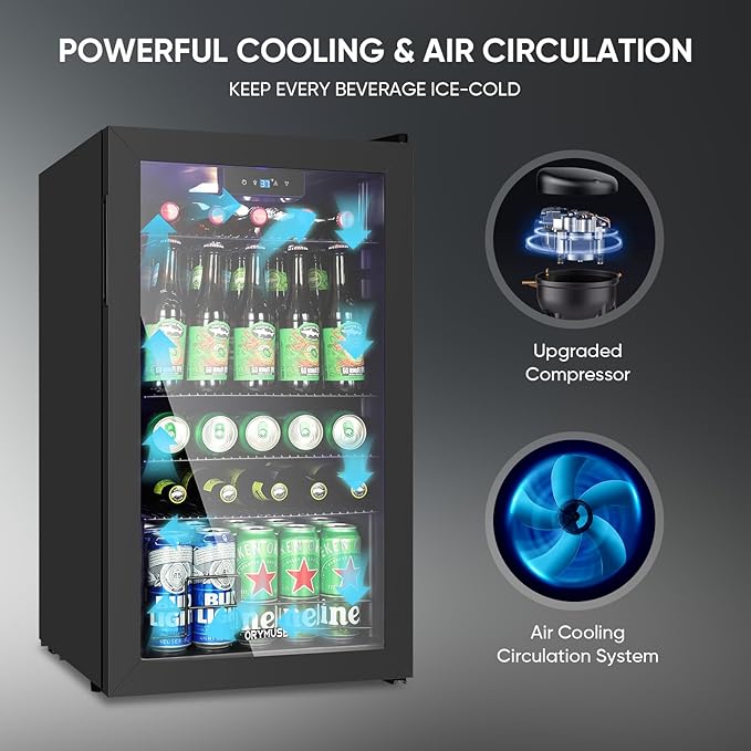 3.2 Cu.Ft Beverage Refrigerator with Compressor Cooling, 130 Can Glass Door Mini Fridge for Soda, Beer & Wine, Adjustable Shelves, Digital Temperature Control, for Home, Office & Bar, Black