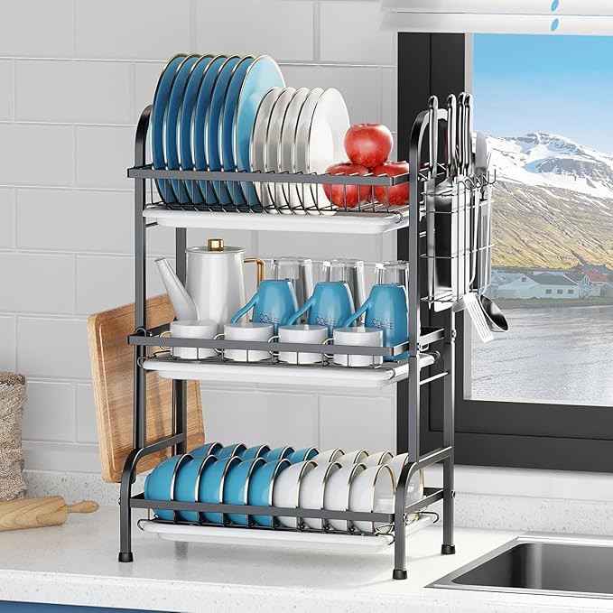 3-Tier Large Capacity Dish Drying Rack for Kitchen Counter - Rustproof Carbon Steel Multifunctional Dish Drainer with Removable Drain Tray, Cutlery & Cup Holders, Space-Saving Kitchen Organizer