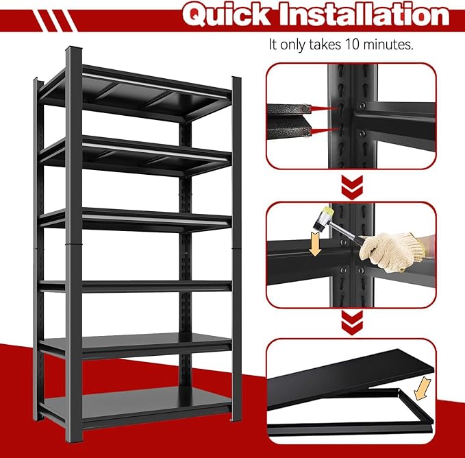 77" H Metal Garage Shelving Unit, 5-Tier Storage Shelves, Adjustable Shelf 3000lbs Capacity, Storage Rack for Garage, Basement, Pantry, Kitchen, 45" W x 16" D, Black