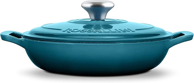 Signature Enameled Cast Iron Braiser, Non-Stick Serving Pot with Tight Fitting Lid for Perfect Roasting, Baking, Sauteing, Searing, and Pan Frying | 1.5Q (1.4L) - Ocean Blue