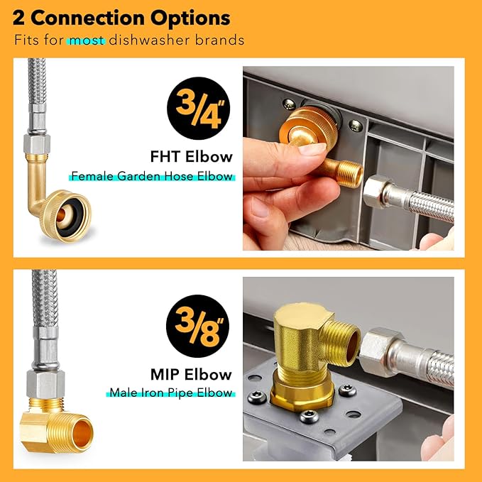 Dishwasher Installation Kit, 8 FT Stainless Steel Braided Dishwasher Water Supply Line with Food-Grade PEX, 3/8" x 3/8" MIP & 3/8" x 3/4" FHT Elbow Connectors