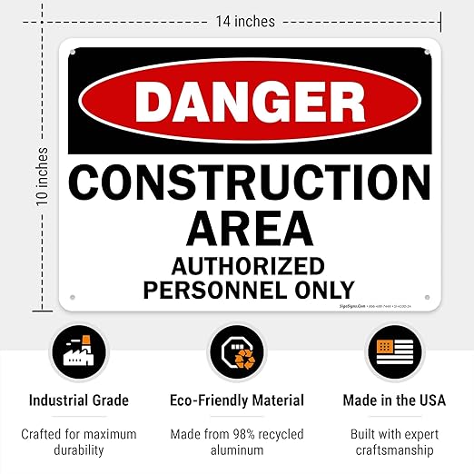 Danger Construction Area Sign, Authorized Personnel Only Sign, 10x14 Inches, 55 mil Thick HDPE (high Density polyethylene), Made in USA
