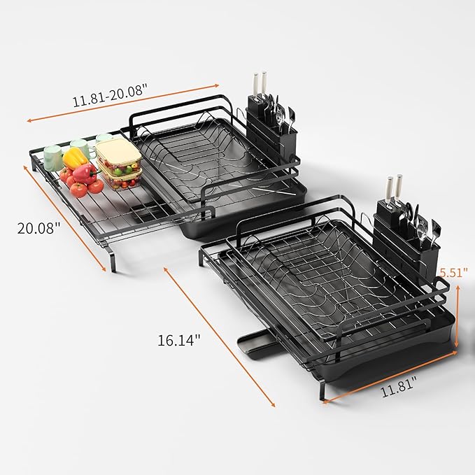 Extendable Dish Rack for Kitchen Sink - Heavy-Duty Adjustable Over Sink Drying Rack with Utensil Holder & Drain Tray, Space Saving Steel Frame Dish Rack (Black)