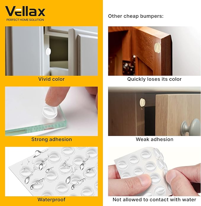 128 White Cabinet Door Bumpers - 1/2 Inch Self Adhesive Rubber Stoppers for Drawers, Damp Pads Cupboards, Cutting Boards, Glass Tops, Picture Frames - Vellax