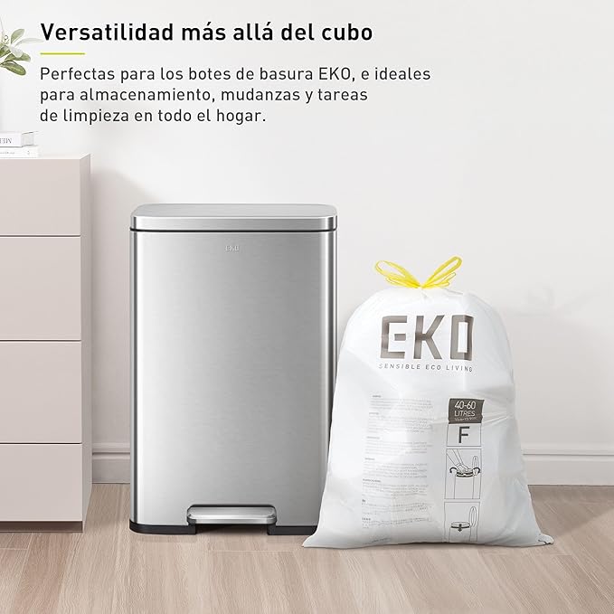 EKO 13 Gallon / 40-60 Liter, 60 Count Drawstring Trash Bags, Extra-Strong Unscented Garbage Bags, Easy-Dispense Roll for Kitchen & Household Use, Leak-Resistant, Code F, White