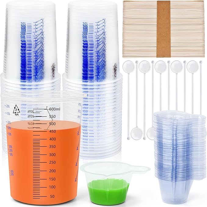 Artcome Mixing Cup Kit - 50 PC 20oz (600ml) Plastic Measuring Cups, 50 PC Wooden Mixing Sticks, 100 PC 40ml Disposable Small Cups, 10 PC Stirring Rods - Ideal for Epoxy Resin, Paint & Liquid Mixing