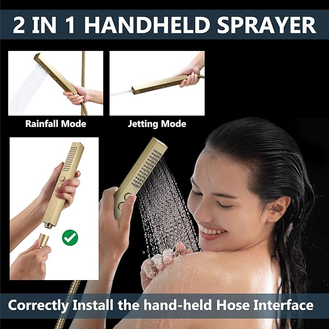 Aolemi Shower Faucet Set Ceiling Mount Shower System Rough-in Valve and Shower Trim Kit 2 in 1 Handheld Spray Push Button Diverter 10 and 6 Inch Dual Shower Head Brushed Gold