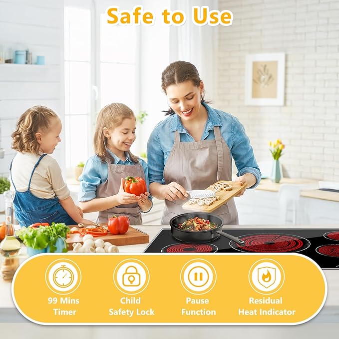 36 Inch Built-In Radiant Electric Cooktop, 5 Burner Smoothtop Stove Top with Triple Expandable Zone, 9200W 240V Hardwired Touch Control, 9 Power Levels, Timer, Child Lock & Hot Surface Indicator