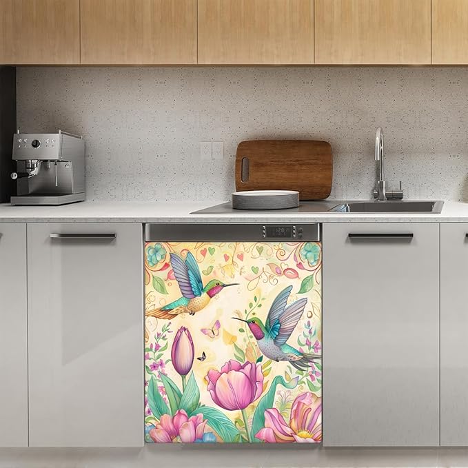 Hummingbird Butterfly Flower Dishwasher Magnet Cover, Reusable Refrigerator Panel Stickers Microwave Front Door Covers Magnets for Kitchen Home Appliances Holiday Party Decorations 23 X 26 in