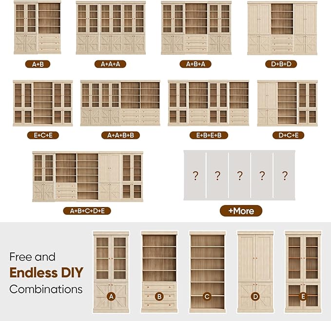 70.8" Bookshelf with Glass Doors, Farmhouse Modular Bookcase with 6-Tier Adjustable Shelves, Large Storage Cabinet for Living Room & Home Office, Brown