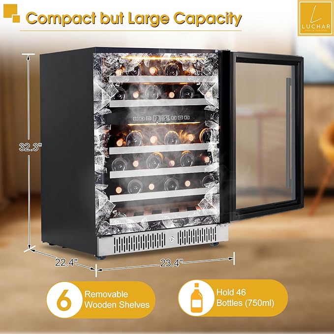Luchar 24 Inch Wine Cooler Refrigerator, 46 Bottle Dual Zone Built-in or Freestanding Wine Fridge with Double-Layer Tempered Glass Door, Wine Refrigerator for Home, Kitchen, Bar, Office