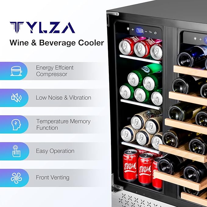 Tylza Wine and Beverage Refrigerator, 24 Inch Dual Zone Wine Beverage Cooler, Holds 20 Bottles and 88 Cans, Built-In and Freestanding, Seamless Glass Door, Under Counter Beer Wine Refrigerator