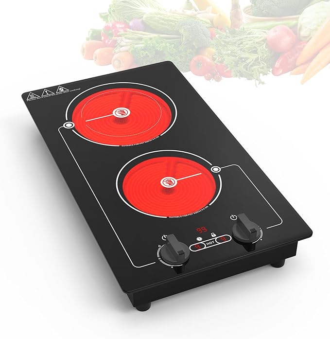 VBGK Electric cooktop,Built-in Design and Countertop Stove Top with Knob Control&Touch Control,9 Power Level, Timer & Kid Safety Lock,110-120V 2100W 2 burner Electric cooktop