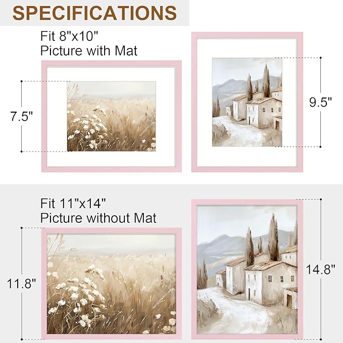 Vittanly 11x14 Picture Frame Set of 2, Solid Wood Frame for Wall Art Photo and Prints, Display Photo 8x10 with Mat or 11x14 without Mat, Pale Pink