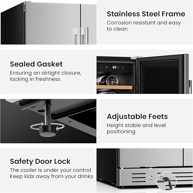 Yeego 24 Inch Wine and Beverage Cooler - 34-65°F, Holds 60 Cans & 20 Bottles Adjustable Shelves Beverage Fridge, Stainless Steel Door with Lock for Built-in in Kitchen, Patio, Bar & Outdoor Use