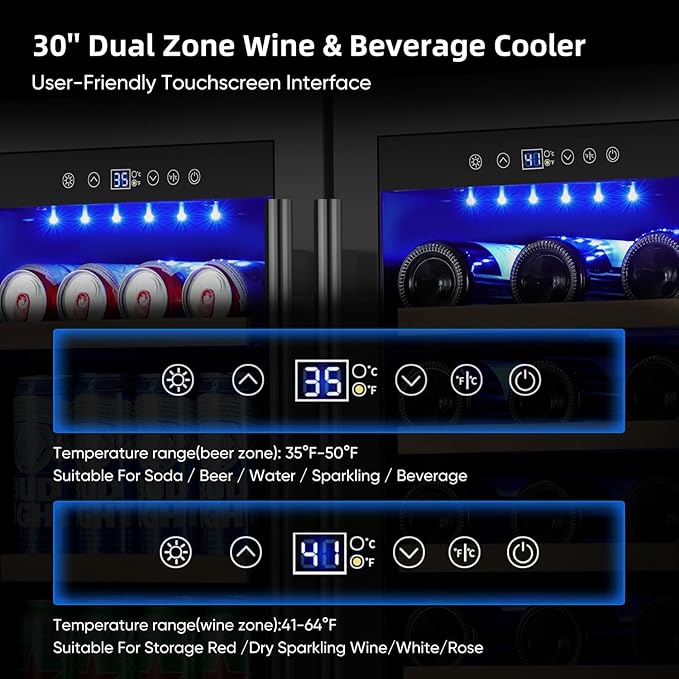 30 Inch Dual Zone Wine & Beverage Refrigerator, Built-In or Freestanding Wine Fridge with Seamless Black Stainless Steel Door, Glass Door, Digital Touch Control, Holds 30 Bottles & 110 Cans