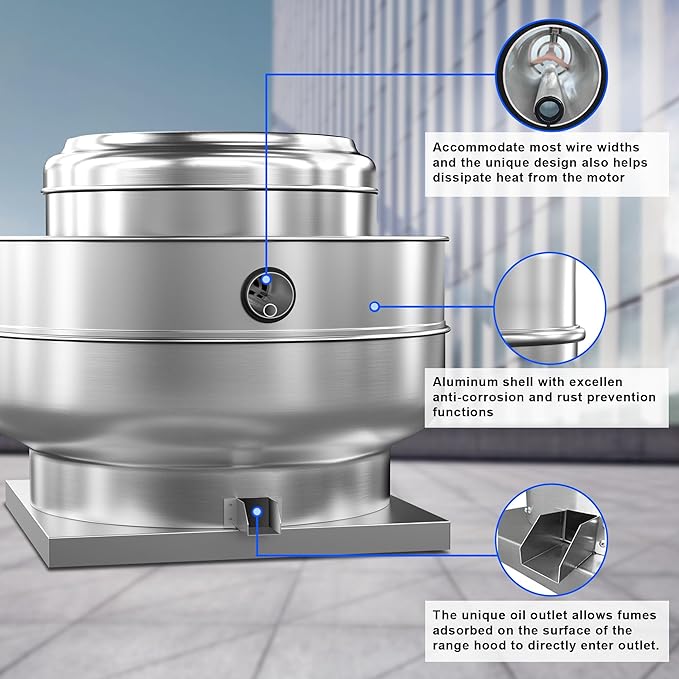 Restaurant Hood Grease Rated Exhaust Fan-Direct Drive Centrifugal Upblast Exhaust Fan 2HP 208-230V Single Phase Motor 6300 CFM, ETL Listed