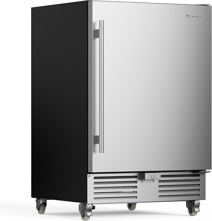 Upstreman 24 Inch Outdoor Refrigerator, Under Counter Refrigerator with Stainless Steel Door, Weatherproof, LED Light, Built-in or Freestanding Beverage Fridge for Home, Patio or Commercial Use-BR50