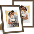 Vittanly 8.5x11 Picture Frame Set of 2, Solid Wood Frame for Wall or Tabletop, Display Photo 6x8 with Mat or 8.5x11 without Mat, Brown