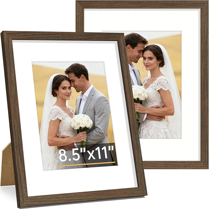 Vittanly 8.5x11 Picture Frame Set of 2, Solid Wood Frame for Wall or Tabletop, Display Photo 6x8 with Mat or 8.5x11 without Mat, Brown