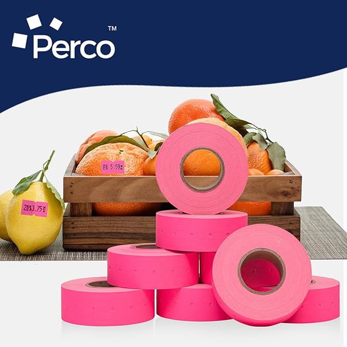 Perco 1 Line Fluorescent Pink Labels - 32 Rolls, 4 Sleeves, 32,000 Blank Price and Date Gun Labels for Perco Lite, X, Plus and Pro 1 Line Price and Date Guns - Made in USA