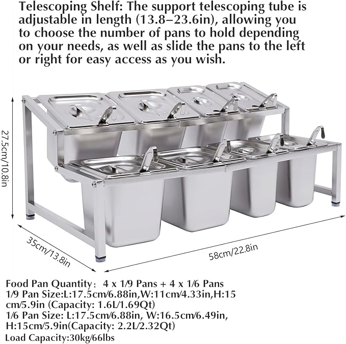 Pizza Topping Station Organizer Condiment Container Dispenser with 8 Pans & Lids, Stainless Steel Ingredients Food Container Countertop Spice Rack Shelf Holder for Seasoning Sauce Salad Jam Fruits
