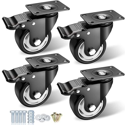 Casters, 3" Caster Wheels，Casters Set of 4 Heavy Duty - ASRINIEY Black Polyurethane Castors, Top Plate Swivel Wheels, 4-Pack Industrial Casters with Brake, Locking Casters for Furniture and Workbench