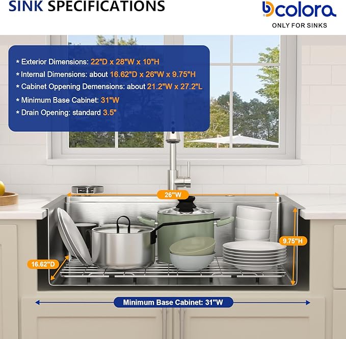 Dcolora 28 Inch Workstation Kitchen Sink with Cup Washer, Drop In Luxury Large Single Bowl, 304 Stainless Steel Heavy Duty 16 Gauge, 5 In 1 Valued Accessories #DC-TW258007S