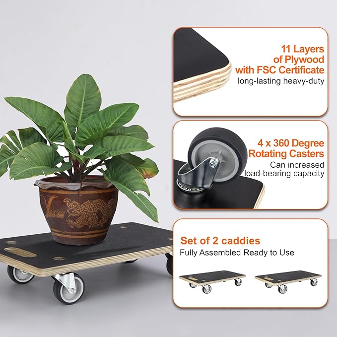 Furniture Movers with Wheels 2 Pack Rectangle Wood Platform Dolly Cart 1100 lbs Capacity Heavy Duty Furniture Mover Carrier with 4 Wheels Small Moving Dolly, Heavy Objects Hauling