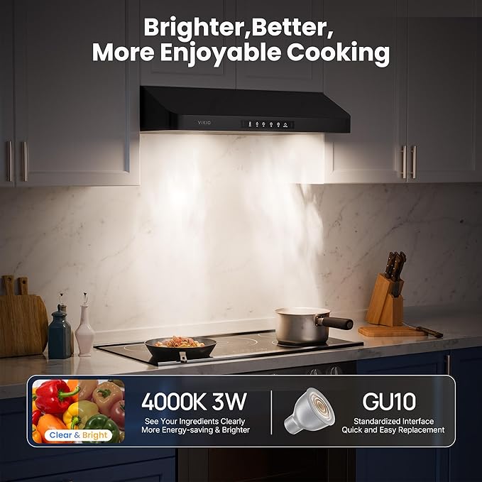 Range Hood 30 inch Under Cabinet, VIKIO HOME Hood Vents for Kitchen, Vent Hoods 30 inches with 980 CFM, 3 Speed Gesture Sensing, Teflon Coating, Non-stick and Easy to Clean, Black