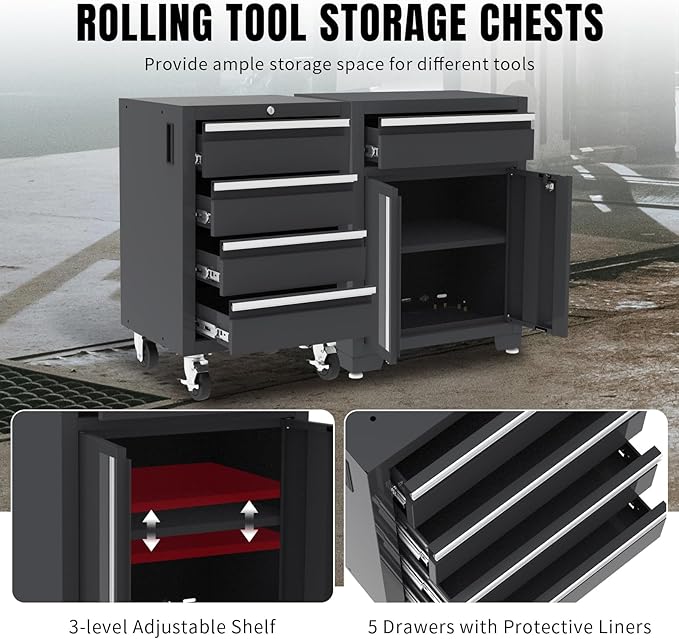 Garage Storage Cabinet System - 9-Pc Steel Workshop Set w/Workbench Includes Cabinet Drawers & Pegboard | Gray Tool Organization System for Garage/Workshop