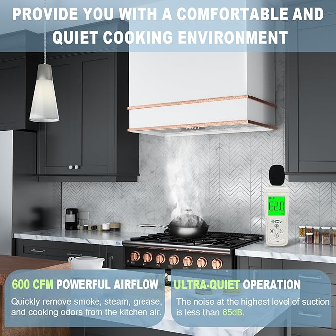 Akicon Range Hood 30 Inch, Stainless Steel Ducted Kitchen Hood with Powerful Motor, Wall Mount Modern Box, 30W X 30H X 14D Inch, AK-HS30HA-SWC (Signal White with Copper)