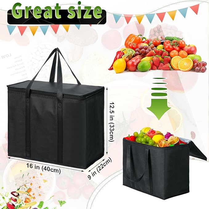 Kenning 15 Pcs Large Insulated Reusable Grocery Bags with Sturdy Zipper and Handles Foldable Washable Cooler Totes Heavy Duty Hot or Cold Food Delivery Bag for Food Transport Travel Lunch (Black)