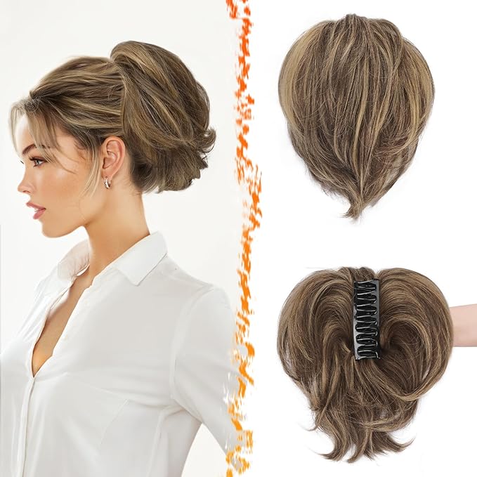 BARSDAR Claw Clip Short Human Hair Ponytail Extension with Bendable Metals - DIY 8 Inch Real Human Hair Medium Brown Blonde Messy Bun Hairpieces for Women - Thick Natural Short Ponytail Daily