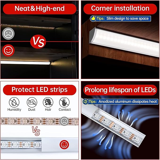 Cefrank V-Shape Under Cabinet Lighting Kit - 4pcs 12" Dimmable Slim LED Light Bars for Showcase Shelf Seamless Illumination - 1200lm, 12W - Warm White 3000K