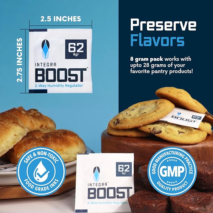Integra Boost 2-Way Humidity Control Pack - Preserve Flavor & Control Humidity at 62% RH - Moisture Absorber for Herbs, Spices & More - 8 Gram (Pack of 20)