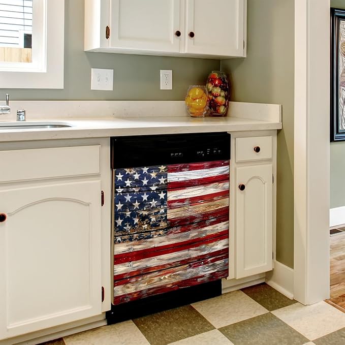 Dishwasher Magnet Cover Old Wooden American Flag Reusable Dishwasher Magnetic Cover Sticker Decorative Dish Washer Door Cover Panel for Home Kitcen Appliance