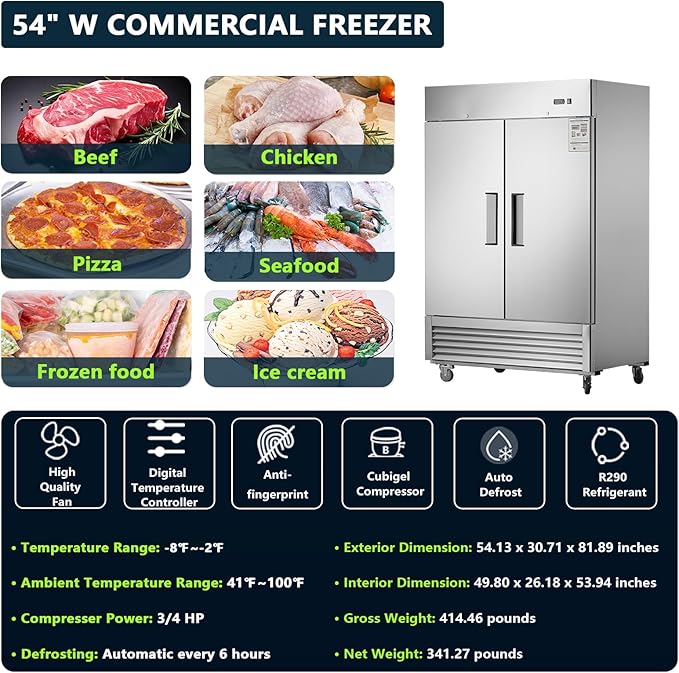 54"W Commercial Freezer 2 Section 2 Solid Door Stainless Steel Reach-in Freezer 42.2 Cu.ft. Upright Fan Cooling Freezer for Restaurant, Bar, Shop, Home, Business, Kitchen, Residential, ETL & DOE
