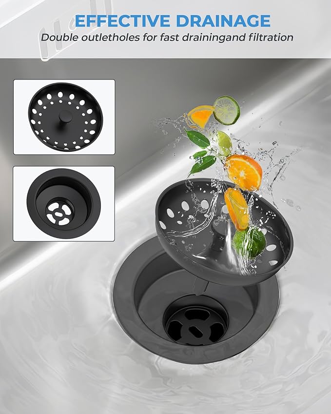 3-1/2 Inch Kitchen Sink Drain with Strainer Stopper Drain Assembly Removable Basket Strainer Plug fit Standard Sink Drain Hole, Stainless Steel (Matte Black)