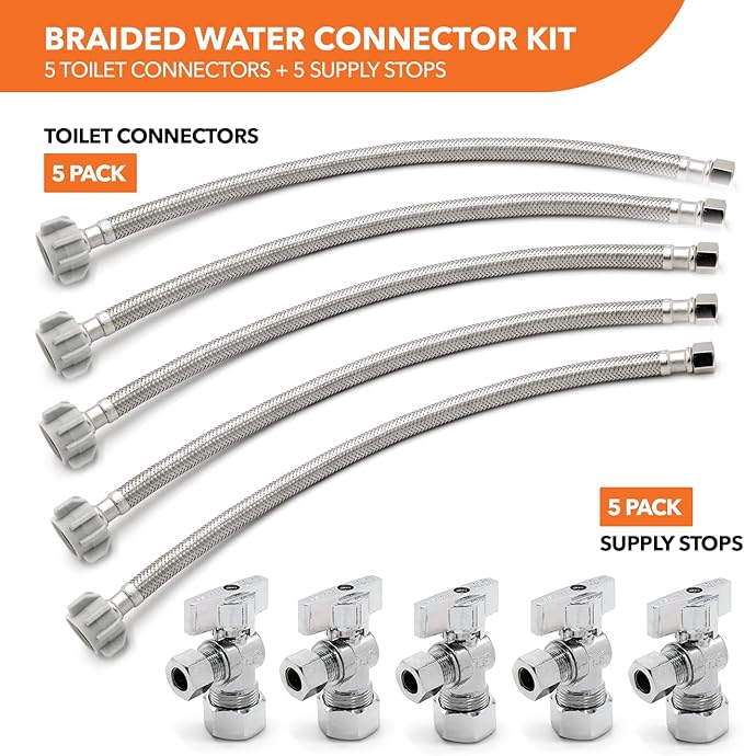 Stainless Steel Toilet Connection Kit - Braided Water Hose, 3/8" Compression x 7/8" Ballcock, 20" Length (5Pack) + Supply Stop Valves, 5/8" x 3/8" Compression (5Pack)