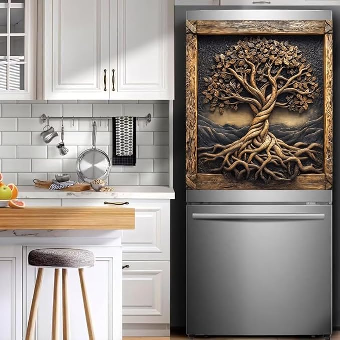 Vintage Wooden Tree of Life Magnetic Dishwasher Cover Vinyl Sticker, Farm Tree Dishwasher Magnet Cover,Rustic Fridge Barn Wood Door Cover Magnets Art Skin Panel Decal for Home Decor, 23"X26"