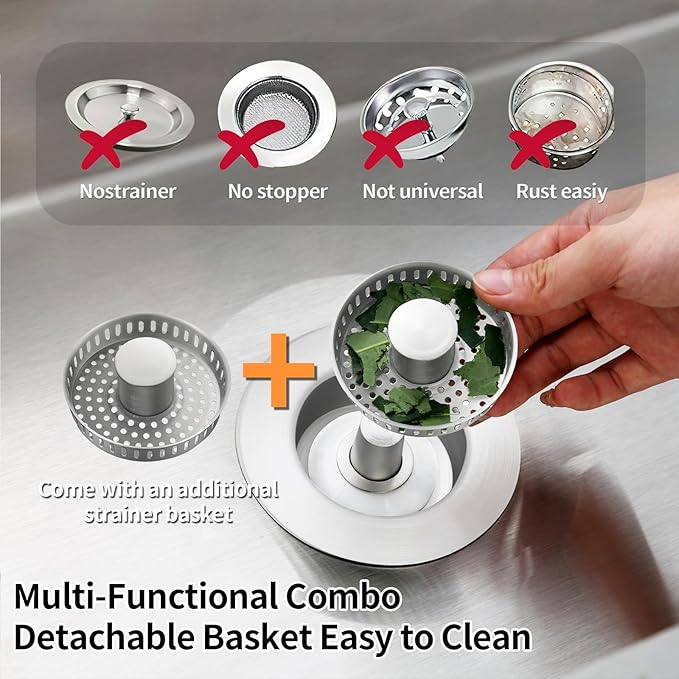 Kitchen Sink Drain Strainer,Stainless Steel 3-in-1 Pop-up Sink Stopper with Sealing Ring, Anti-Clog & Odor-Proof Drain Filter, Fits 3-1/2 Inch Sink Drain Holes, Easy Installation