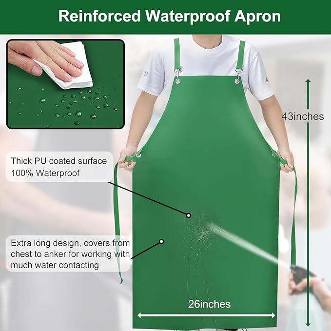 Waterproof Rubber Apron, 43" Anti-Tear Heavy Duty Vinyl Adjustable Thicker Cross Back Dishwasher Apron for Restaurant Dishwashing, Butcher, Lab Work, Dog Grooming Green