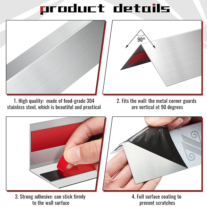 Therwen 10 Pcs 304 Stainless Steel Wall Corner Guards 1.5 x 1.5 x 36 Inch Self Adhesive Heavy Duty Corner Protector Trim with 90 Degree Angle for Wall Protection Metal Edge Guard