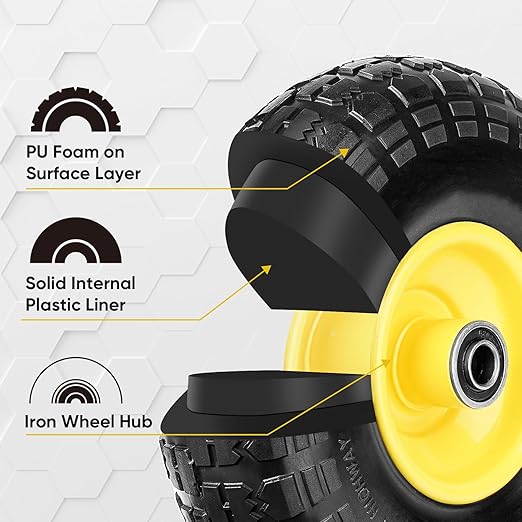 TICONN 10" Solid Tires, 4 Pack Flat Free 4.10/3.50-4'' Wheels with 5/8” Axle Bore Hole and Double Sealed Bearings (Yellow, 4PK)